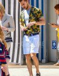 Summer men's coordinate and outfit with yellow/black top/inner shirt, Gucci plain black leather belt, plain white denim/jeans, plain shorts, Gucci black bit loafer leather shoes.