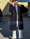 Solid navy knit cap, Ray-Ban Wiffer Wellington solid black sunglasses, solid navy Ulster coat, solid gray turtleneck knit, solid white winter pants (corduroy, velour), black and beige socks, Gucci black bit loafer leather shoes. Men's winter coordinate and outfit with.