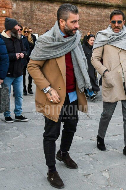 Men's fall/winter outfit with plain gray scarf/stall, plain beige chester coat, solid red sweater, solid blue denim/chambray shirt, gray checked slacks, navy sock socks, suede brown monk shoes leather shoes.