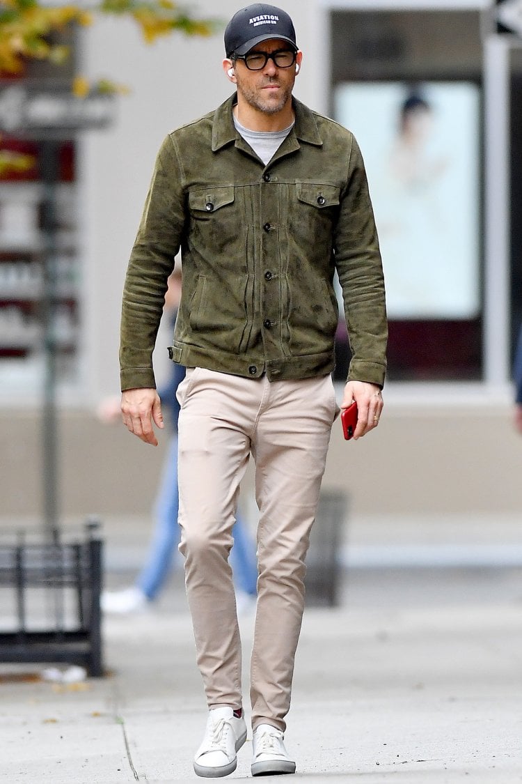 Ryan Reynolds wears a green suede jacket in New York City