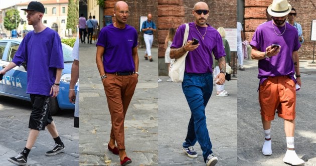 紫Tシャツで夏のメンズコーデに変化を。ベーシックアイテムとは違った個性を武器にした着こなし事例を紹介！