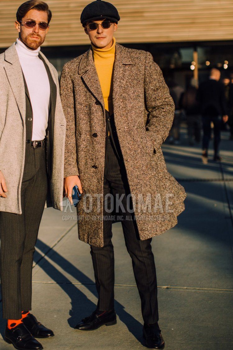 Men's spring/winter coordinate and outfit with plain black hunting cap, plain silver sunglasses, brown checked Ulster coat, plain yellow turtleneck knit, black tassel loafer leather shoes, and black striped suit.