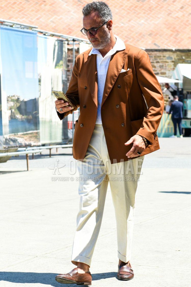 Summer/spring men's coordinate and outfit with plain black sunglasses, plain orange tailored jacket, plain white polo shirt, plain white slacks, and brown leather shoes.
