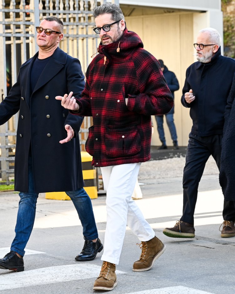 Pitti Uomo 103 Men's outfits with red-checked hooded jackets