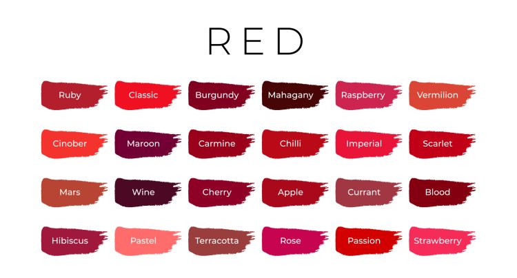 Red Paint Color Swatches with Shade Names on Brush Strokes