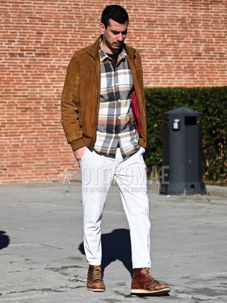 Men's fall coordinate and outfit with plain brown swing top, plain black t-shirt, white checked shirt, plain white winter pants (corduroy,velour), and brown work boots.