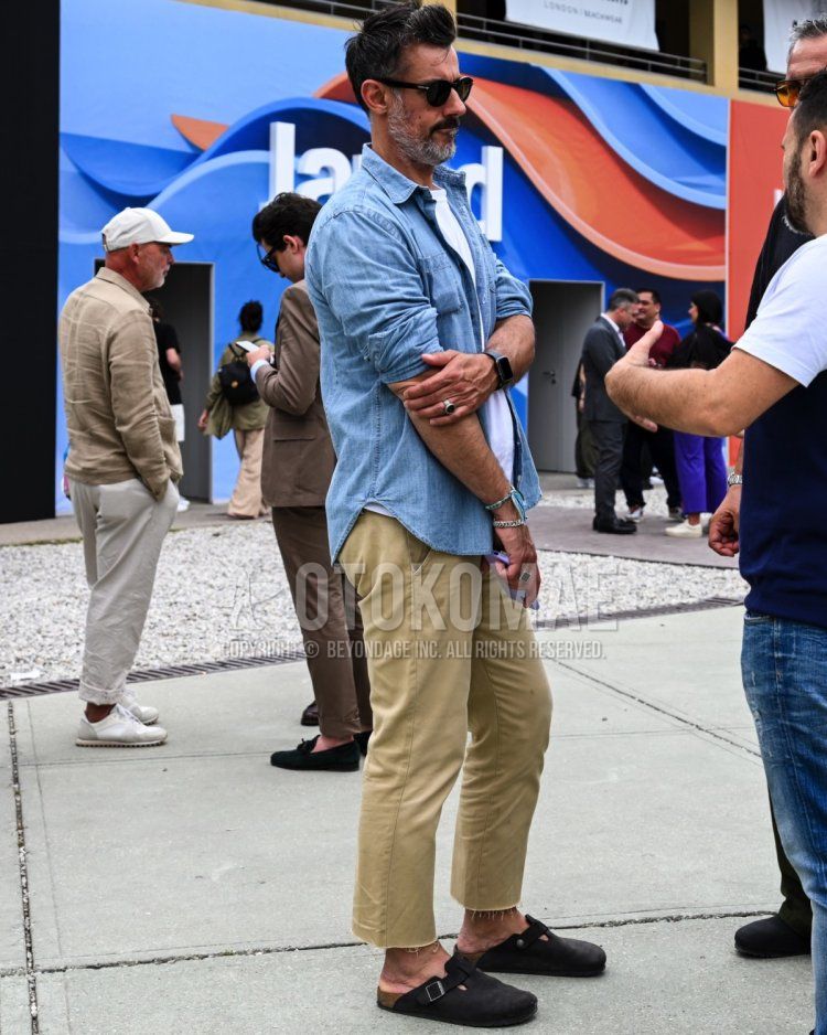 Men's spring/fall/summer coordinate and outfit with black tortoiseshell sunglasses, plain white t-shirt, plain light blue denim/chambray shirt, plain beige chinos, and brown leather sandals.