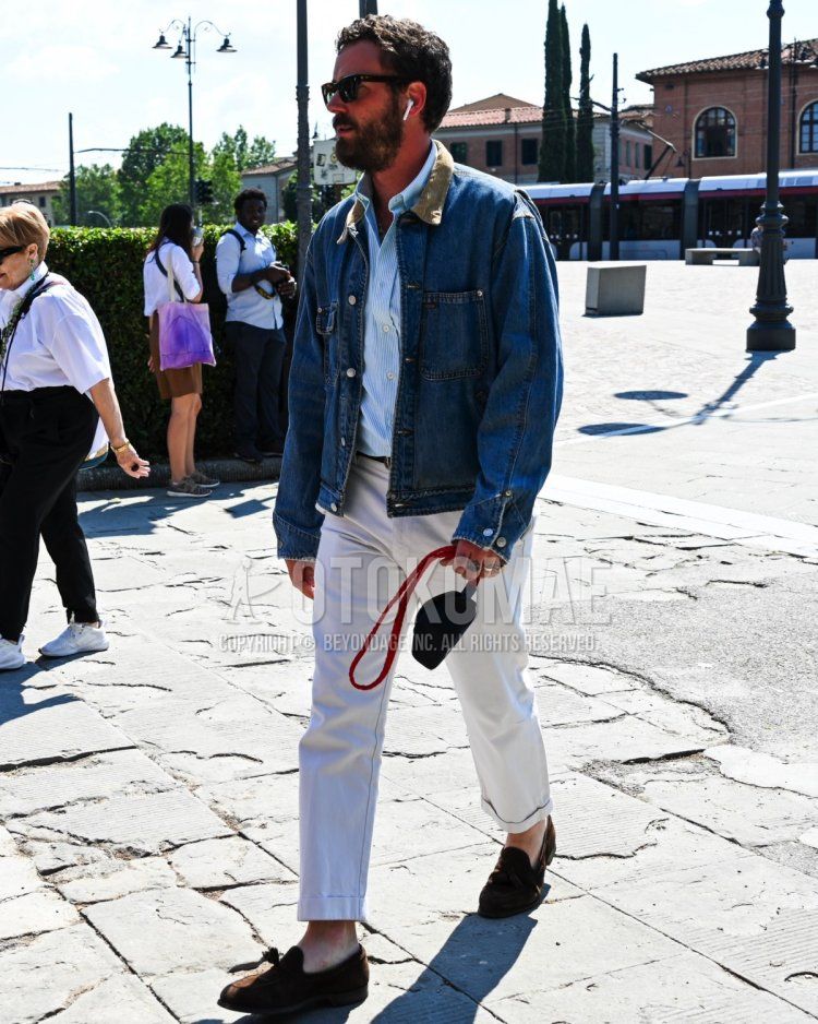 Men's summer-spring-autumn coordinate and outfit with solid black sunglasses, solid blue denim jacket, solid light blue shirt, solid white beltless pants, brown tassel loafers leather shoes, brown suede shoes leather shoes.