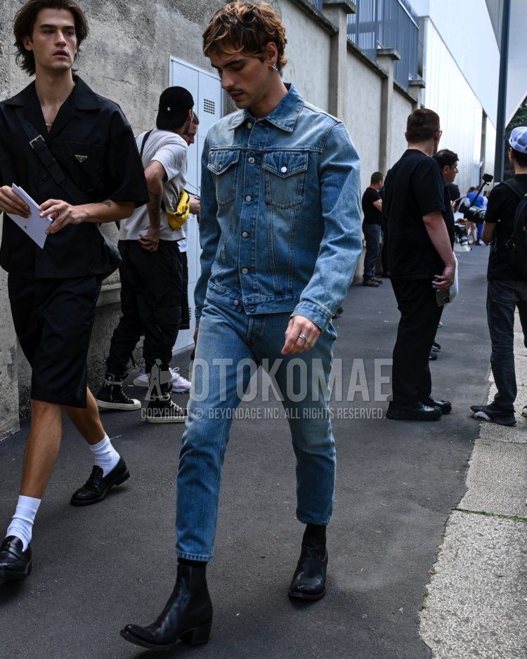 Men's spring, summer, and fall outfits with plain light blue denim jackets, plain light blue denim/jeans, and black boots.
