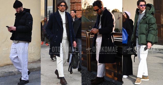 Street snapshots of men’s white trouser outfits for winter!