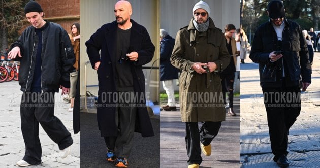 Street snapshots of good examples of men’s winter coordination with wide pants!