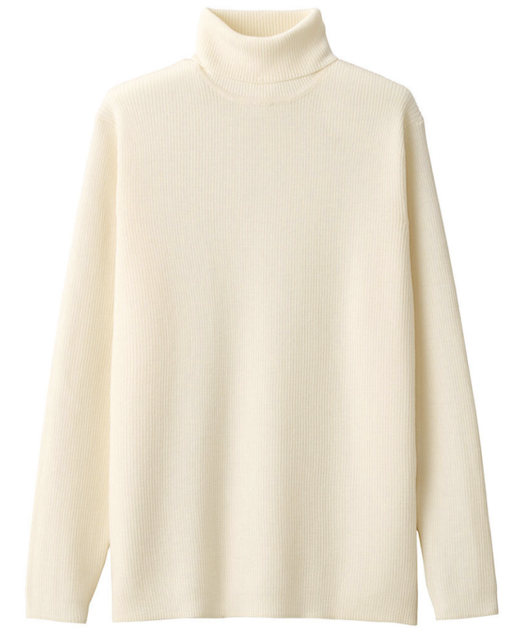 MUJI Recommended White Turtleneck " Washable Wool Ribbed Turtleneck Sweater