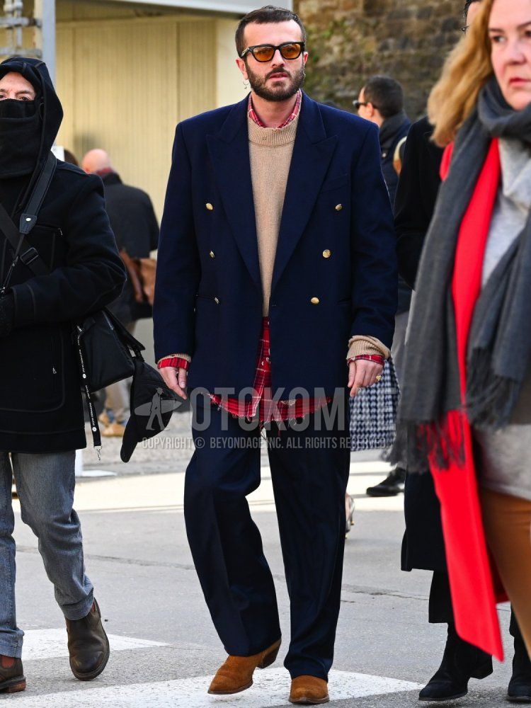 Men's winter/autumn coordinate and outfit with plain black sunglasses, plain beige sweater, red checked shirt, brown boots, and plain navy suit.