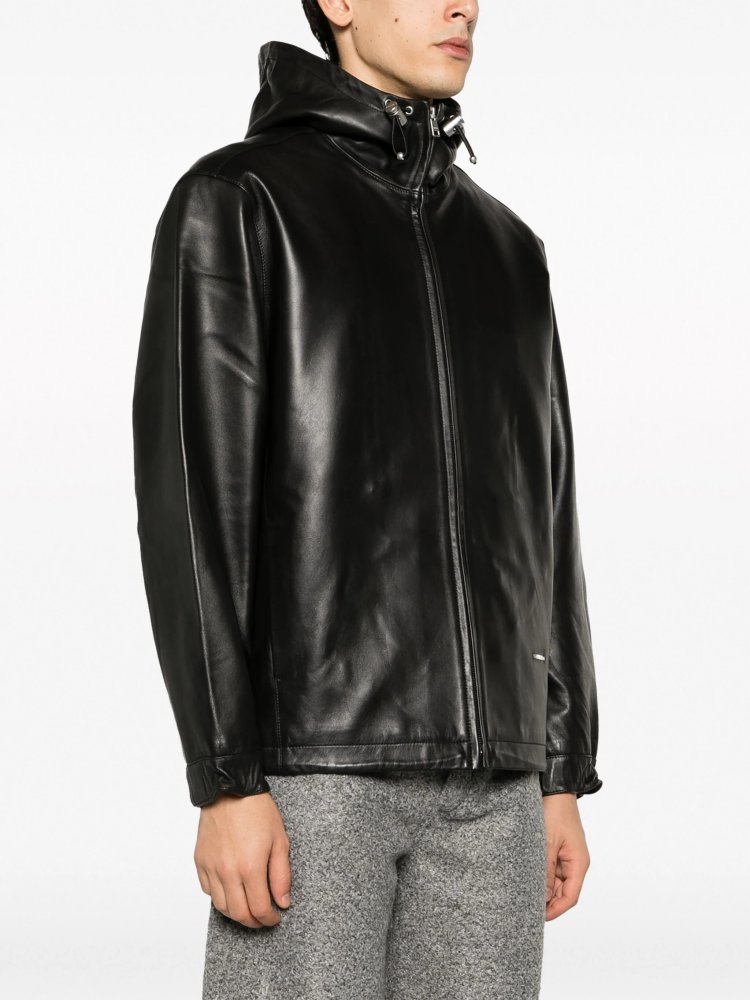 SANDRO Hooded Leather Jacket