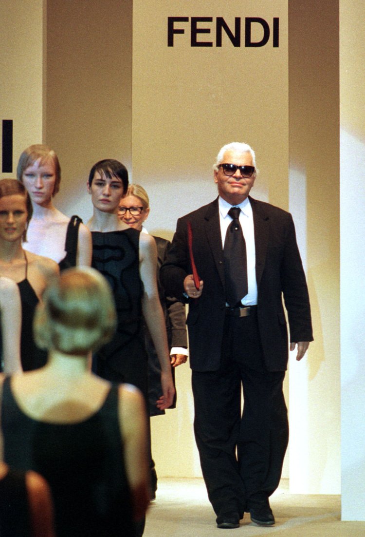 DESIGNER KARL LAGERFIELD AT THE END OF FENDI'S COLLECTION