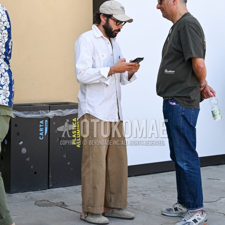 Men's spring/summer coordinate and outfit with white lettered baseball cap, brown tortoiseshell glasses, plain white shirt, plain beige chinos, plain beige wide-leg pants, Birkenstock Boston gray leather sandals, and gray suede shoes leather shoes.