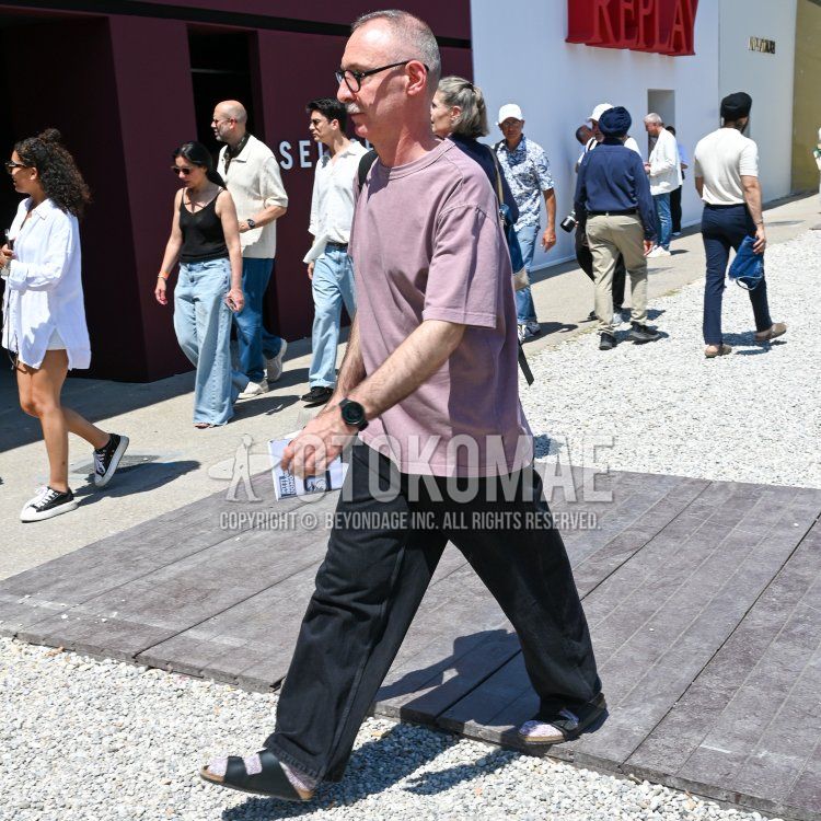 Summer/spring men's coordinate and outfit with plain black glasses, plain purple t-shirt, plain black chinos, plain purple socks, and black leather sandals.