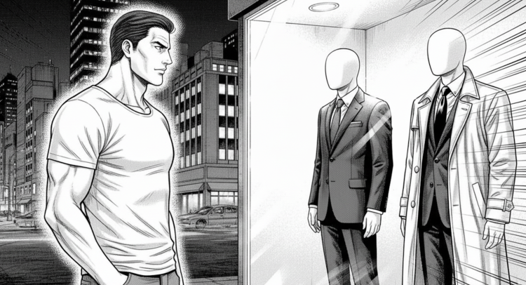 A good-looking guy in a T-shirt looking at the show window of luxury suits and coats.
