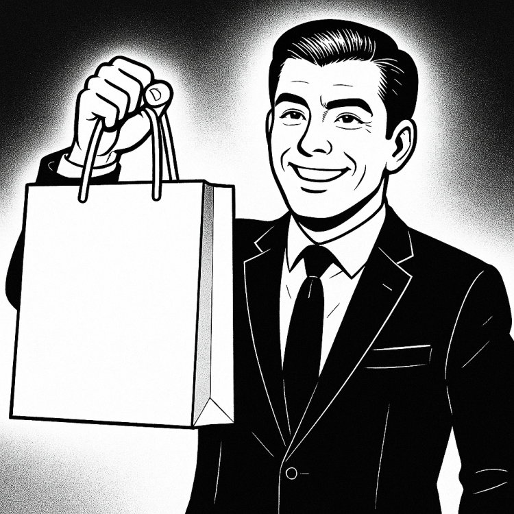 A good-looking old man who buys licensed brand clothes and later regrets it.