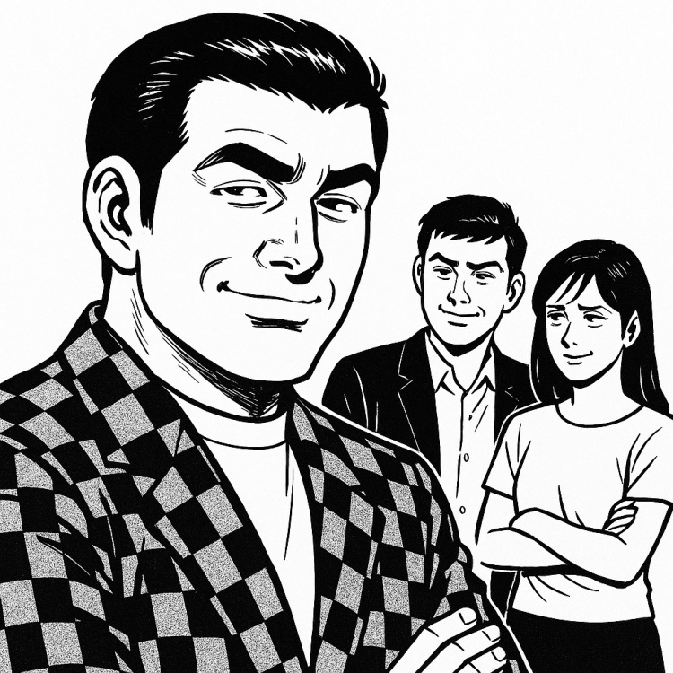 ルイヴィトンのダミエ柄のジャケットでドヤ顔のいけてないおじさん