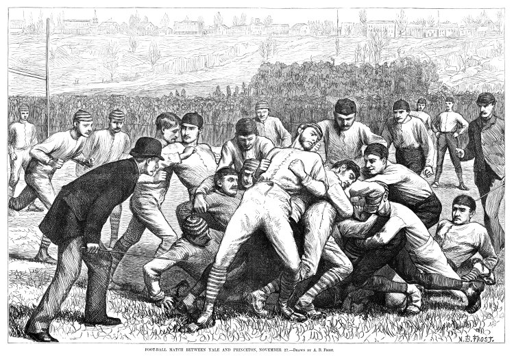 YALE VS. PRINCETON, 1879. Ivy League football match between Princeton and Yale, 27 November 1879. Engraving after a drawing by A.B. Frost from Harper's Engraving after a drawing by A.B. Frost from Harper's Weekly, 1879.