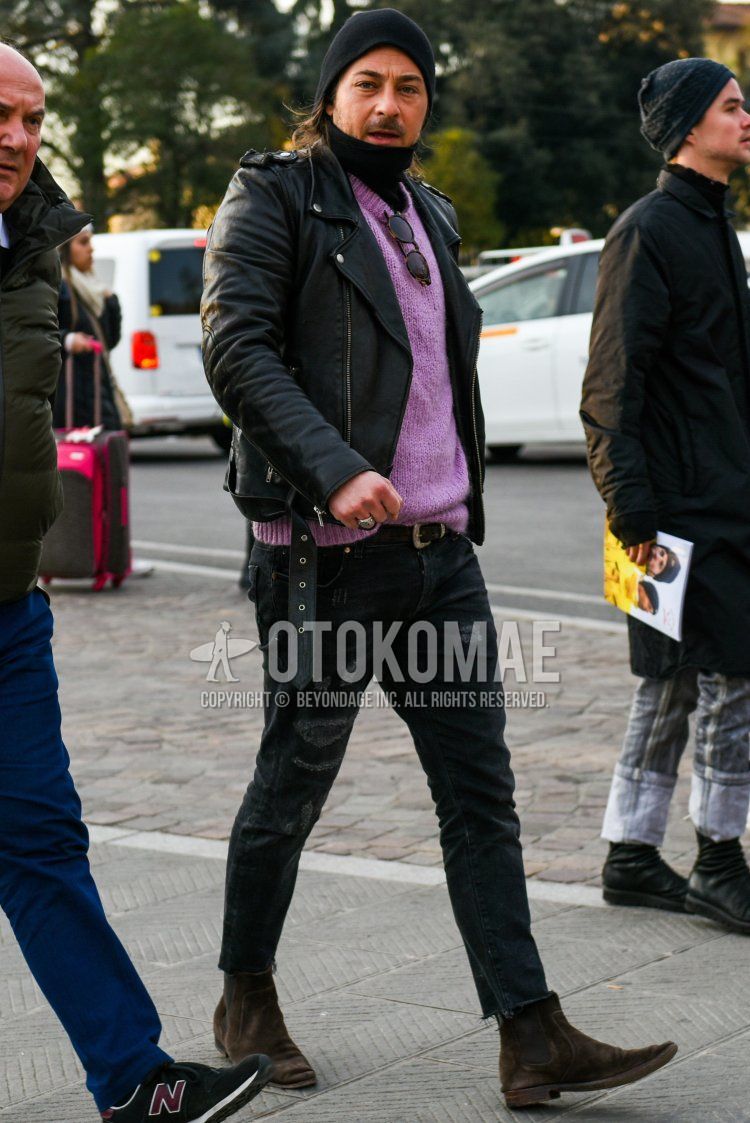 Men's fall/winter coordinate and outfit with solid black knit cap, solid black rider's jacket, solid purple sweater, solid black turtleneck knit, solid dark gray damaged jeans, solid dark gray cropped pants, suede brown side gore boots.