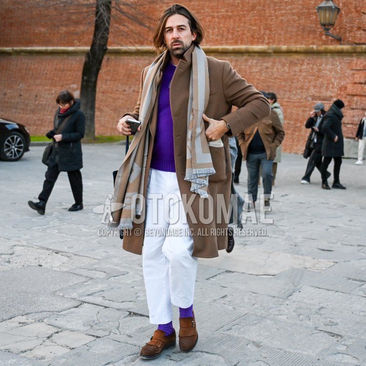 Beige/gray graphic scarf/stall, solid beige chester coat, solid purple sweater, solid white chinos, solid white cropped pants, solid purple socks, brown monk shoes leather shoes, brown suede shoes leather shoes for fall and winter. Men's Codes and Outfits.