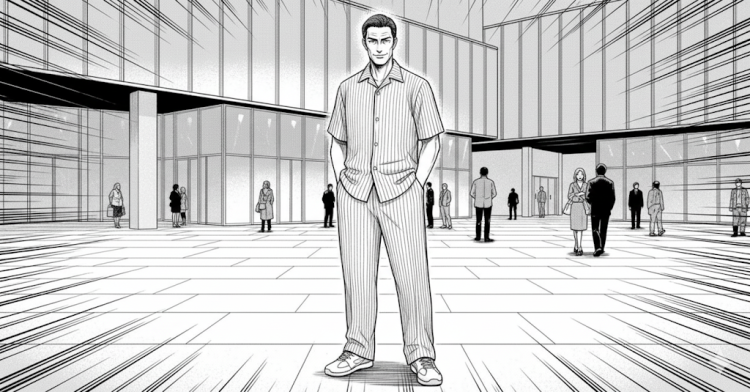 A good-looking old man wearing HOMME PLISSÉ ISSEY MIYAKE at an art museum