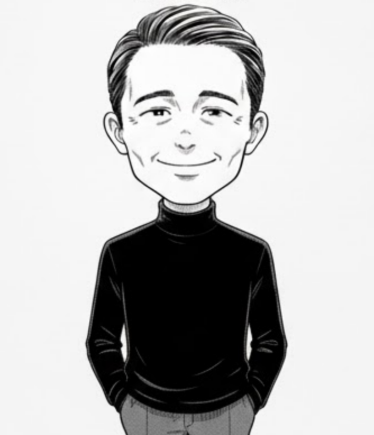 Big face wearing a turtleneck knit