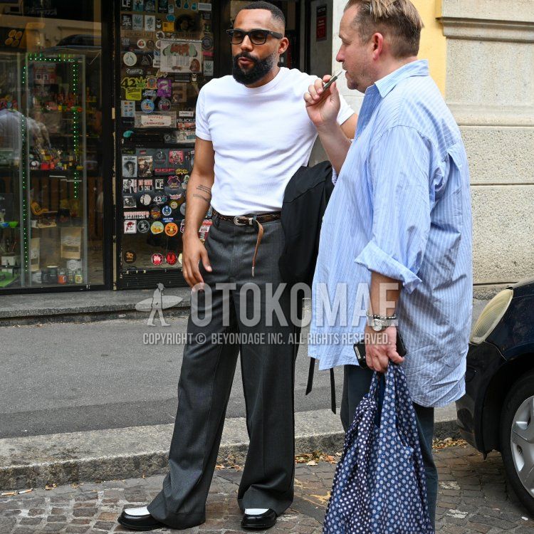 Summer/spring men's coordinate and outfit with plain black sunglasses, plain white t-shirt, plain brown leather belt, plain gray slacks, and white/black coin loafer leather shoes.
