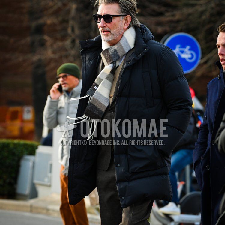 Men's fall/winter coordinate and outfit with plain black sunglasses, multi-colored striped scarf/stall, plain navy down jacket, plain beige cardigan, and plain dark gray suit.