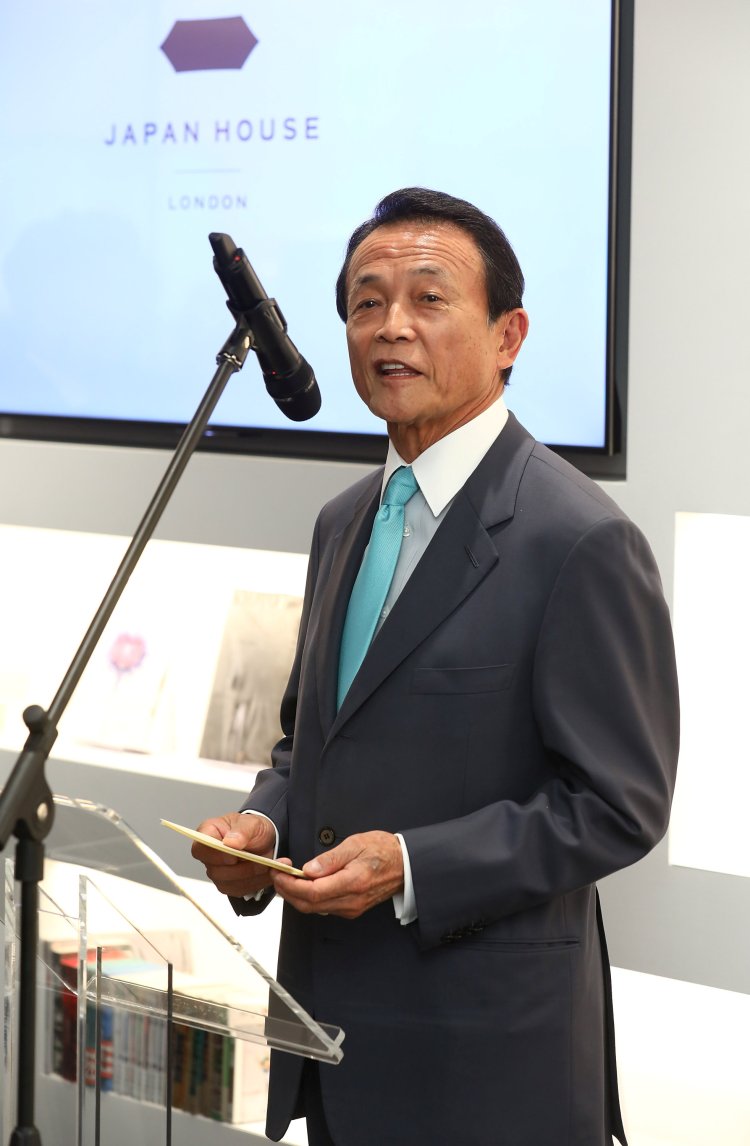 Taro Aso, Japan's Deputy Prime Minister, speaks at the official opening of Japan House in London