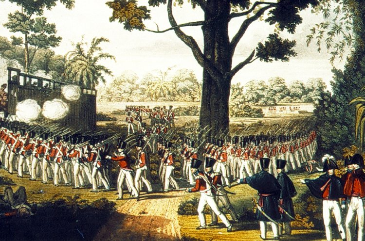 Burma / Myanmar: The Storming of the Lesser Stockade at Kemmendine rear Rangoon on the 10th of June 1824. First Anglo-Burmese War (1824-1826)