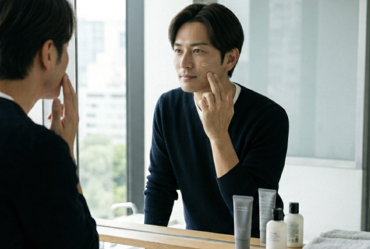 A handsome man applying BB cream in front of a mirror.