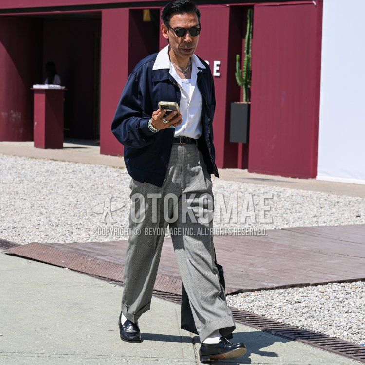 Boston plain black sunglasses, plain navy shirt jacket, plain white shirt, plain white tank top, plain black leather belt, gray checked slacks, gray checked pleated pants, plain white socks, black coin loafer leather shoes, plain black tote bag Summer/Spring Men's Codes and Outfits for.