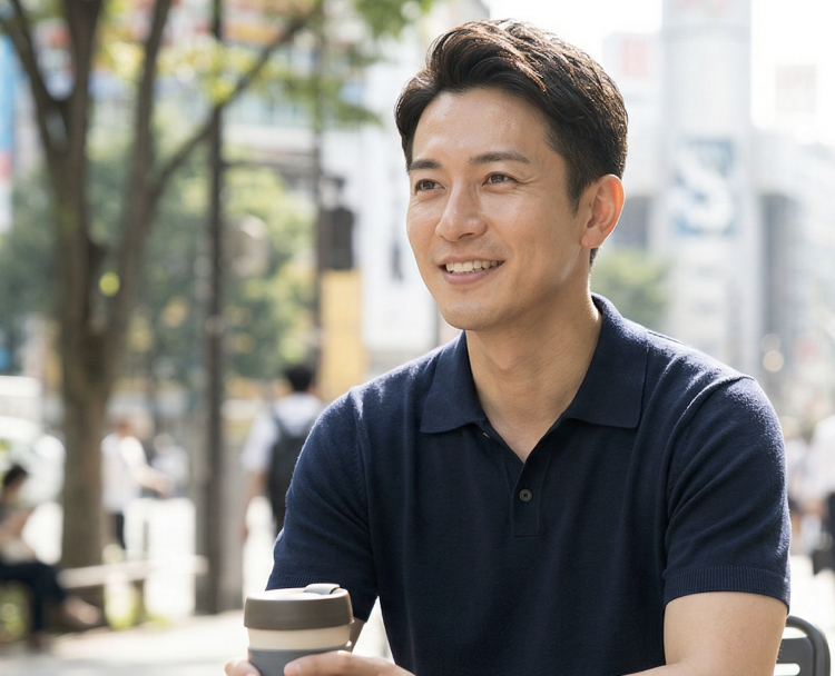 A man enjoying his café time outdoors in the UV rays, wearing BB cream with UV function.