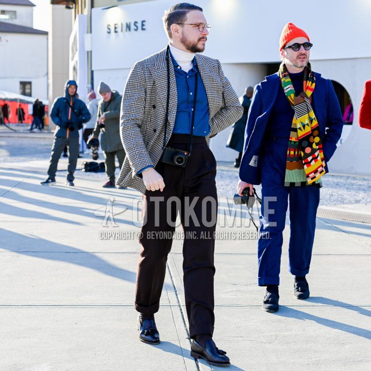 Men's spring/fall/winter coordinate and outfit with plain black glasses, gray checked tailored jacket, plain white turtleneck knit, solid blue denim/chambray shirt, solid dark gray slacks, solid gray socks, and black tassel loafer leather shoes.