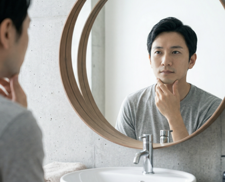 A man in his 30s confronting his skin problems in front of the mirror in his bathroom at home.