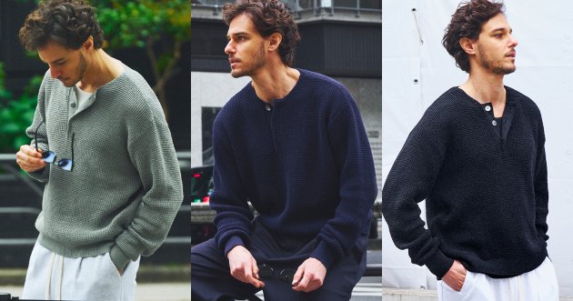 What is the charm of ” henley neck knitwear ” that combines elegance and strength?