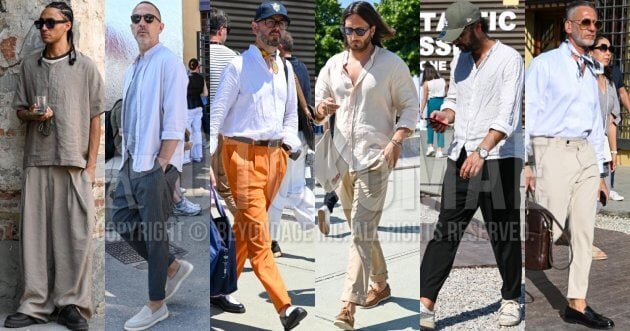 What is a collarless shirt? Pick up the difference between collarless, band collar, and stand collar shirts and sample men’s coordinates.