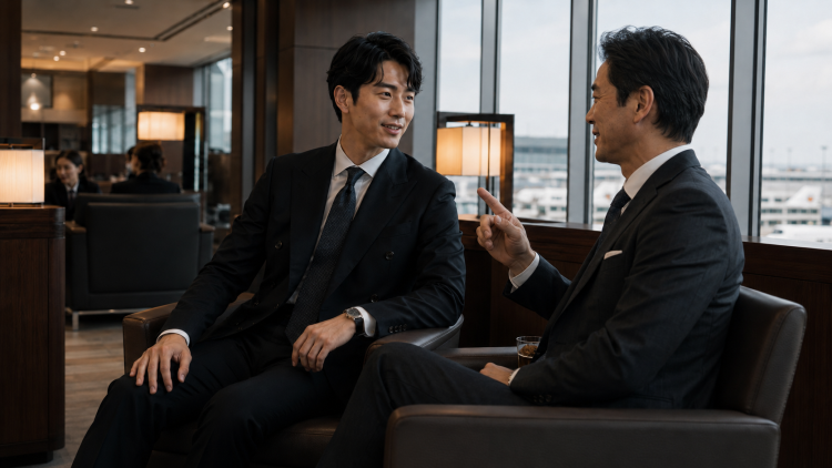 成田のサクララウンジで出張フライトの機体について話をはずませる三菱商事のインフラ部門の営業チームの二人