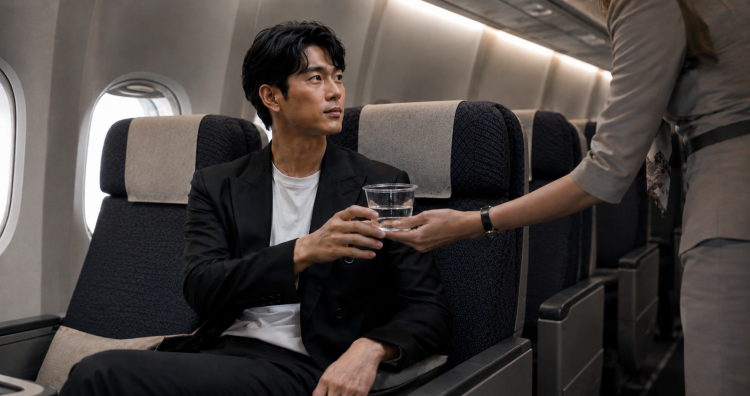 機内で水を受け取る商社マン