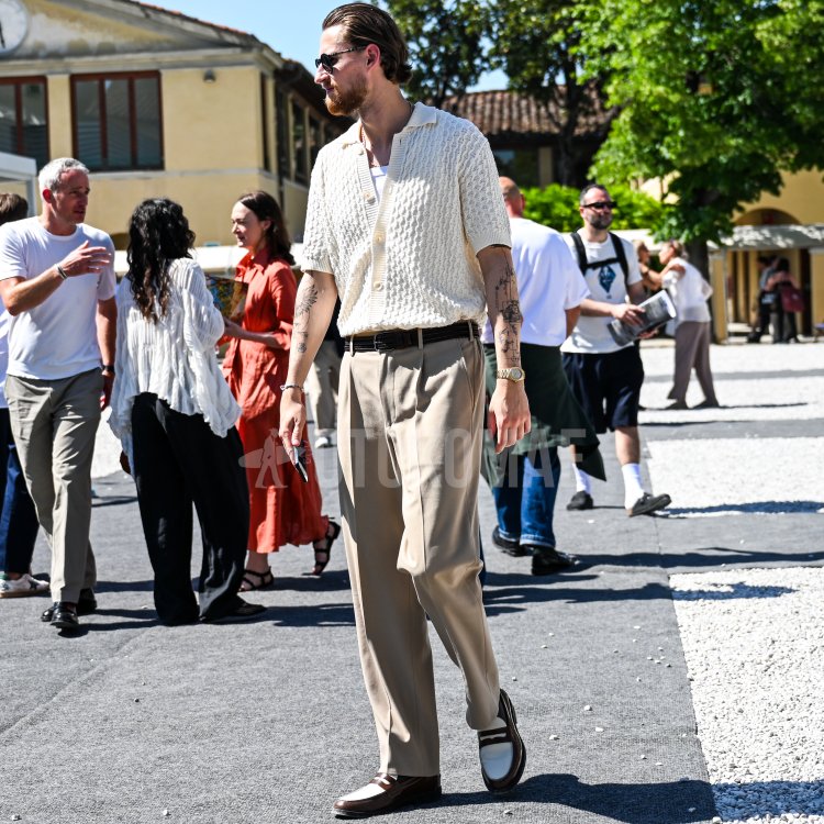 A Sophisticated Summer Outfit for Men Featuring Beige Slacks and Loafers
