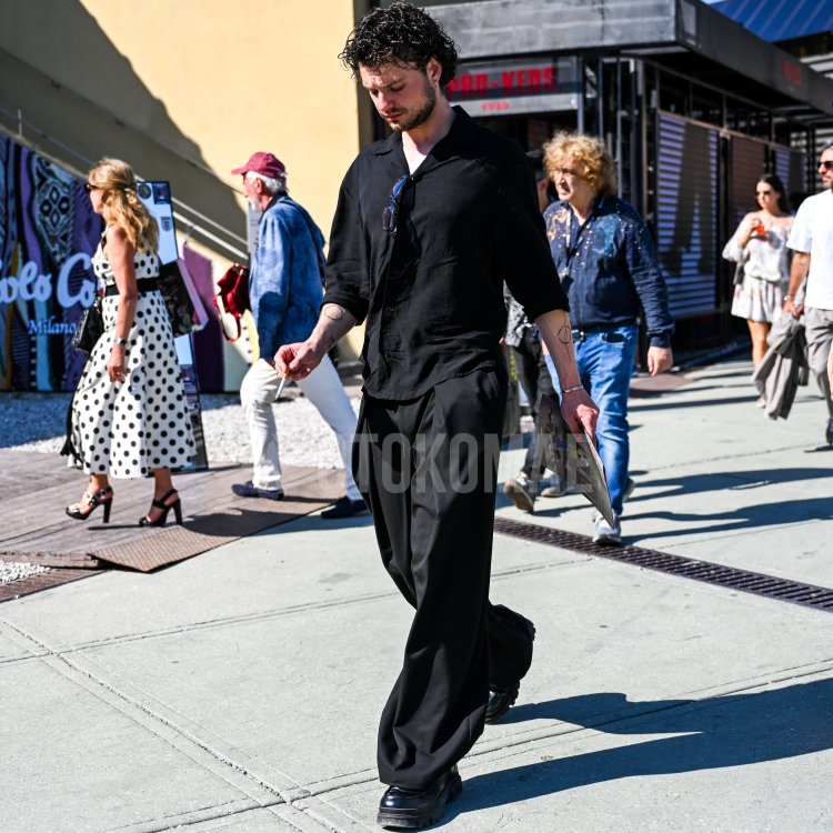 Summer Outfits for Mature Men Featuring Black Wide-Leg Straight-Leg Pants