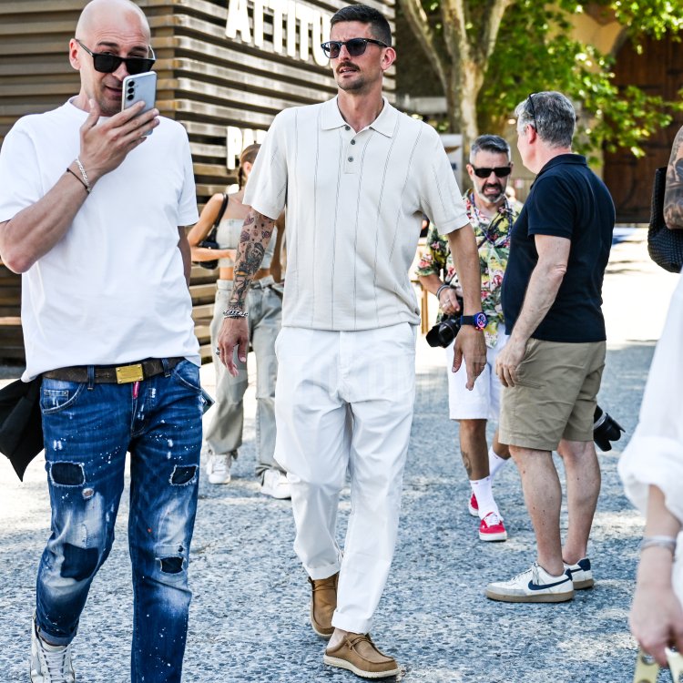 Summer Outfits for Mature Men Featuring an Off-White Knit Polo Shirt